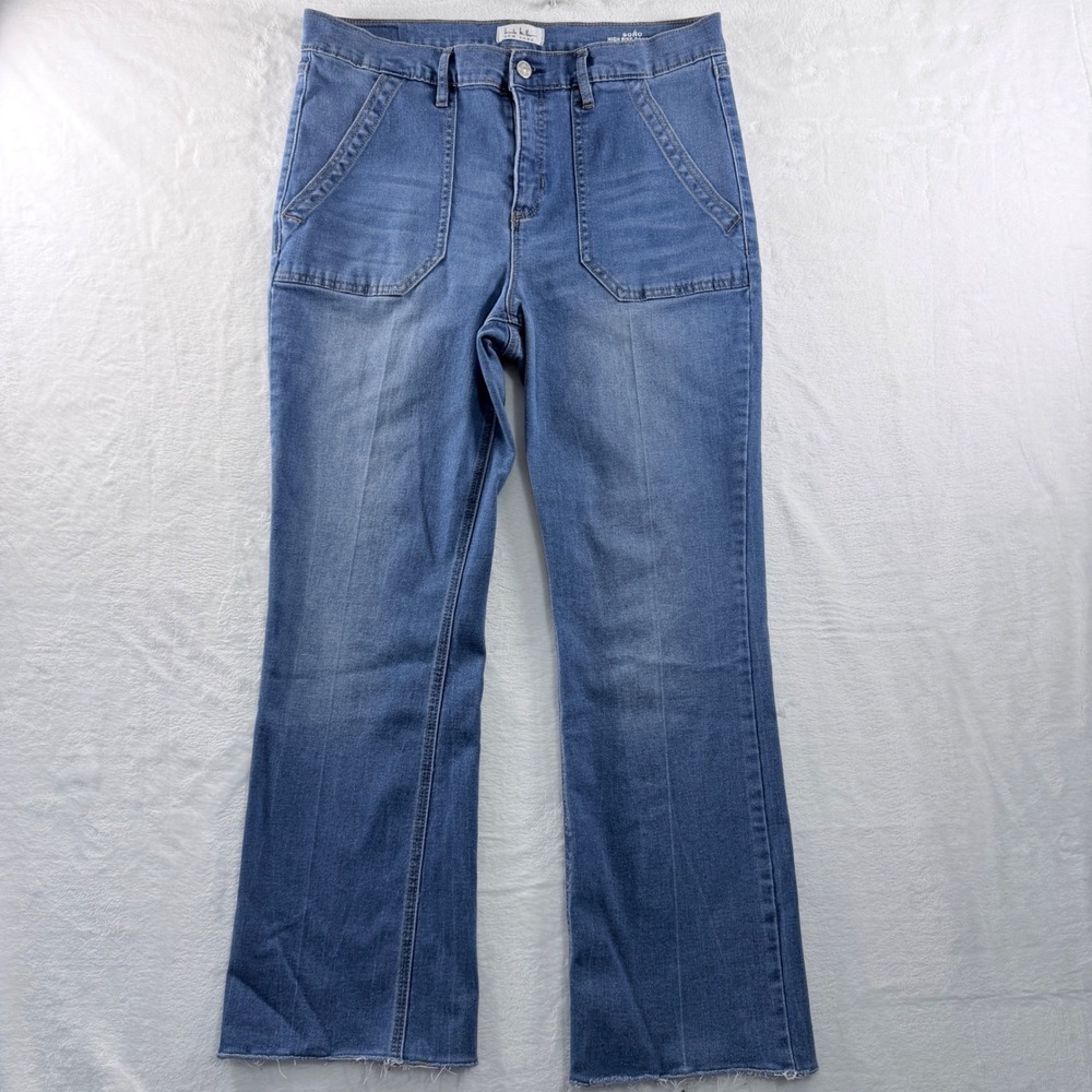 Nicole Miller New York Soho High Rise Bootcut Jeans Blue Raw Hem Size 12